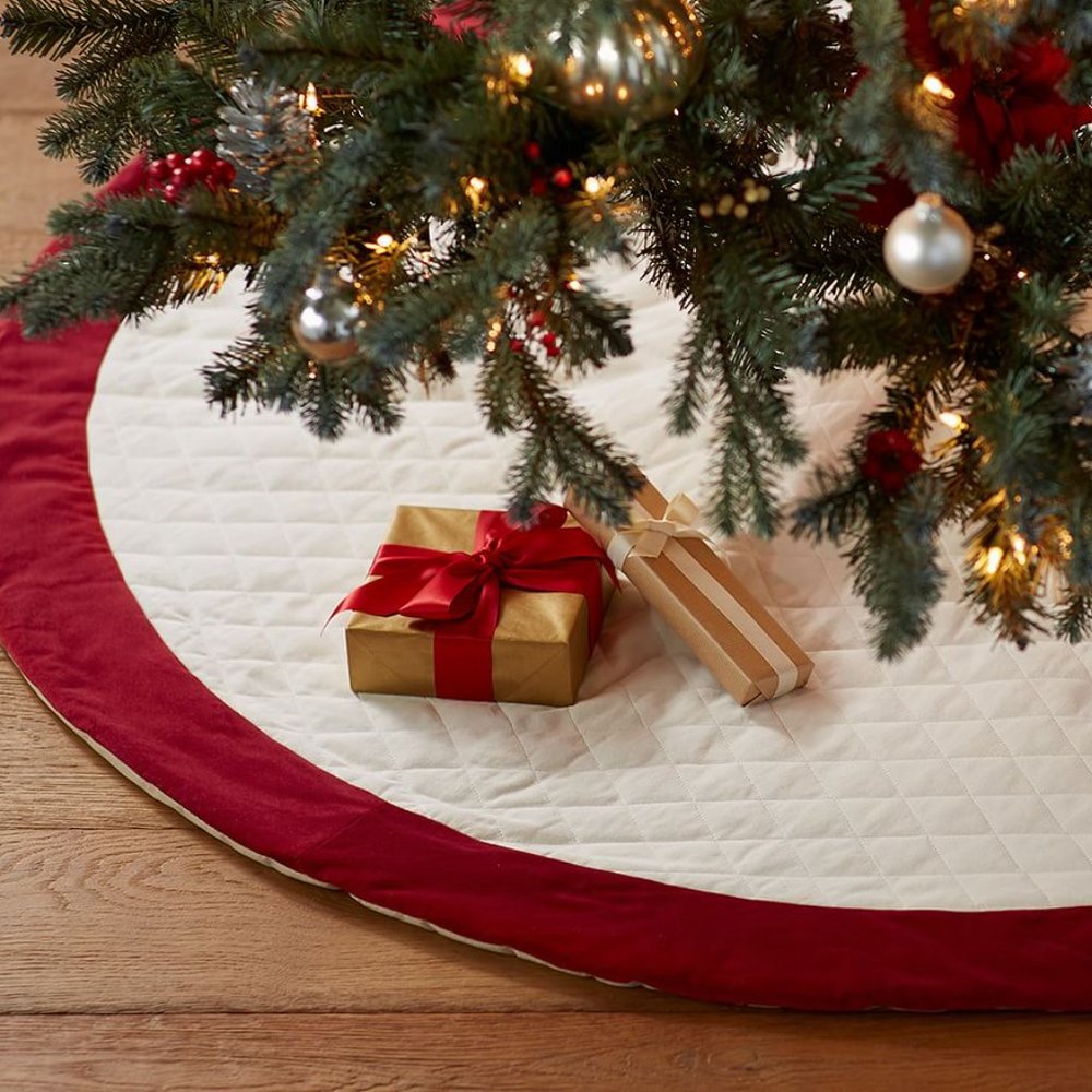 New-White Velvet Quilted Christmas Tree Skirt-Red Cuff-Free Personalization